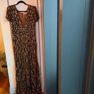 Mac Duggal Gold and Brown Sequin Maxi Dress